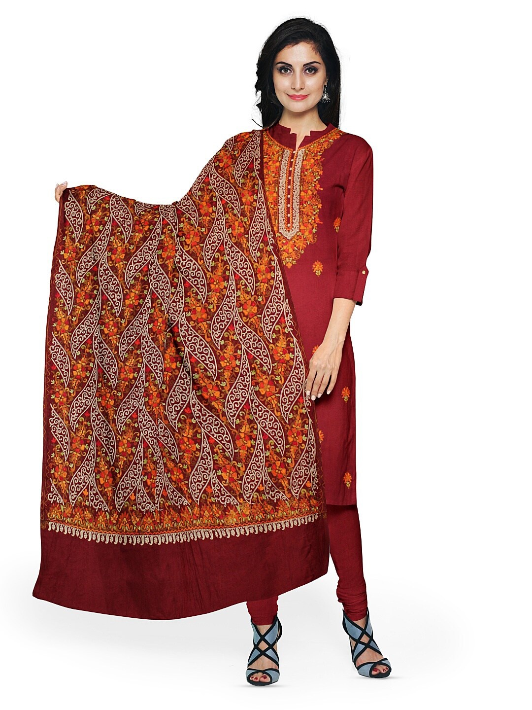 

CASMIR Floral Embroidered Pashmina Unstitched Dress Material, Maroon