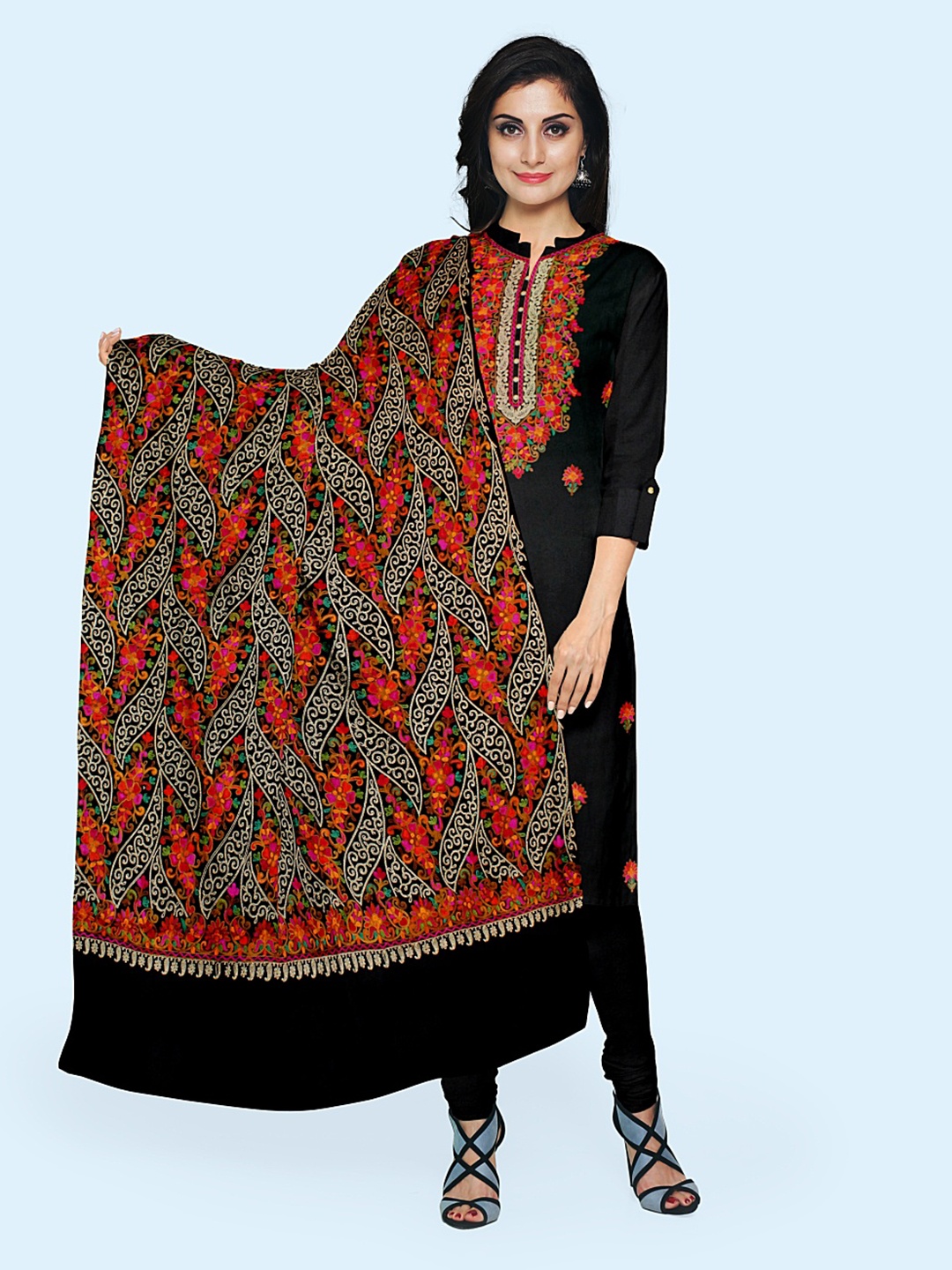 

CASMIR Floral Embroidered Pashmina Unstitched Dress Material, Black