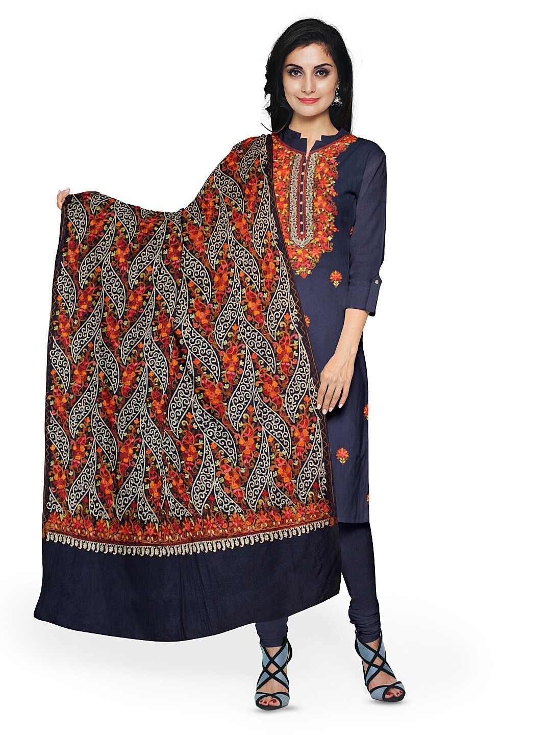 

CASMIR Floral Embroidered Pashmina Unstitched Dress Material, Navy blue