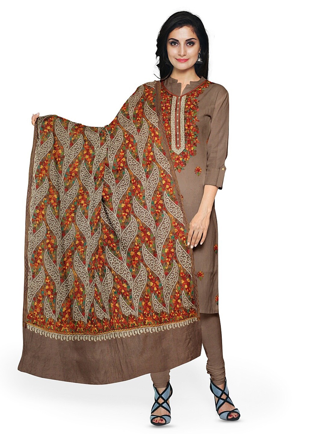 

CASMIR Floral Embroidered Pashmina Unstitched Dress Material, Beige