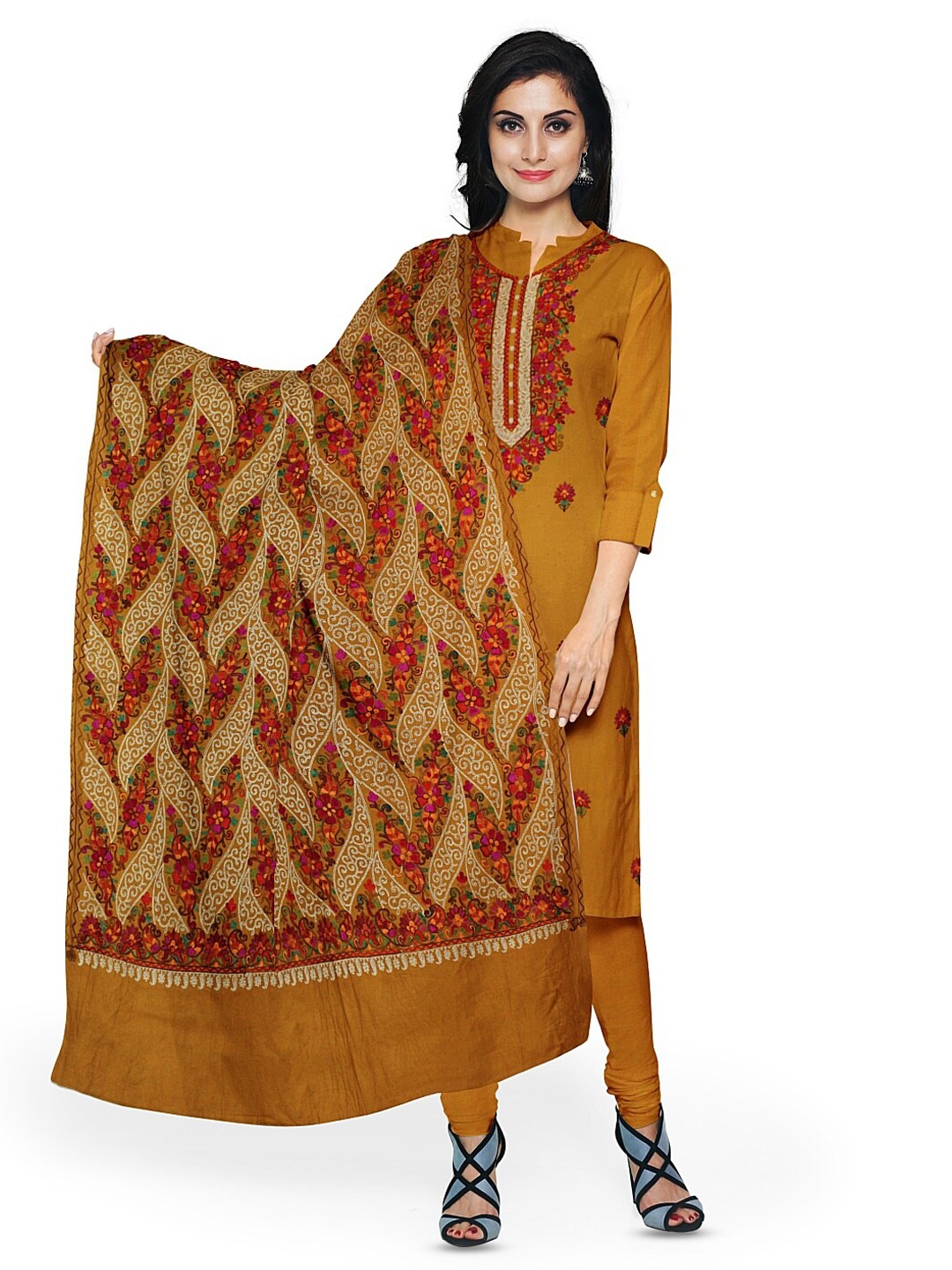

CASMIR Floral Embroidered Pashmina Unstitched Dress Material, Mustard