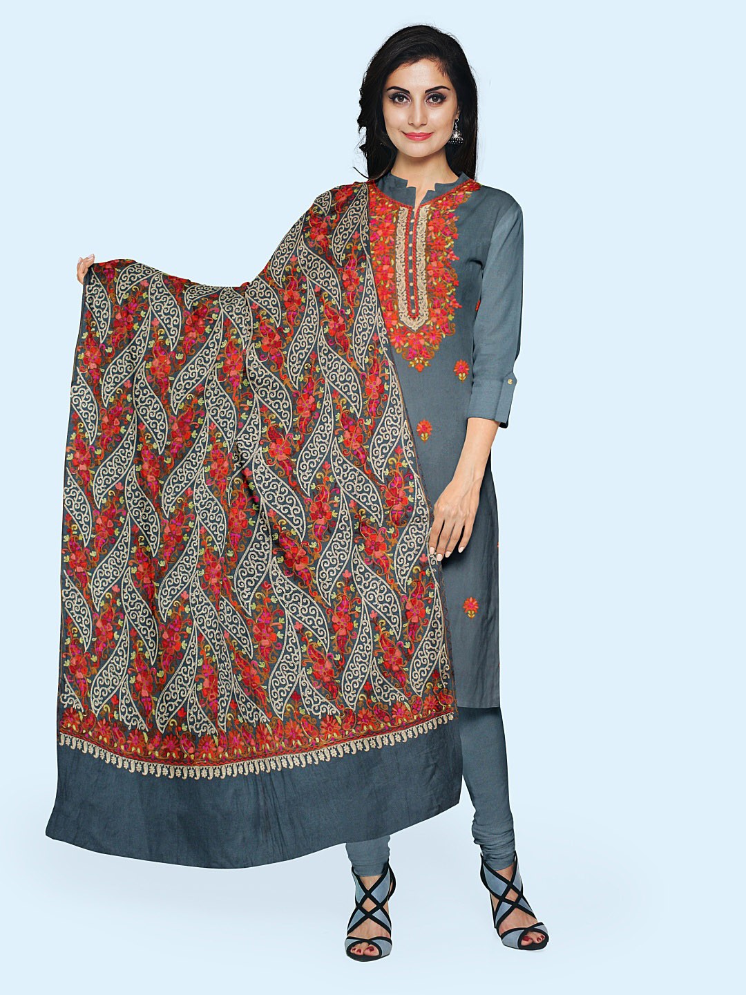 

CASMIR Floral Embroidered Pashmina Unstitched Dress Material, Grey