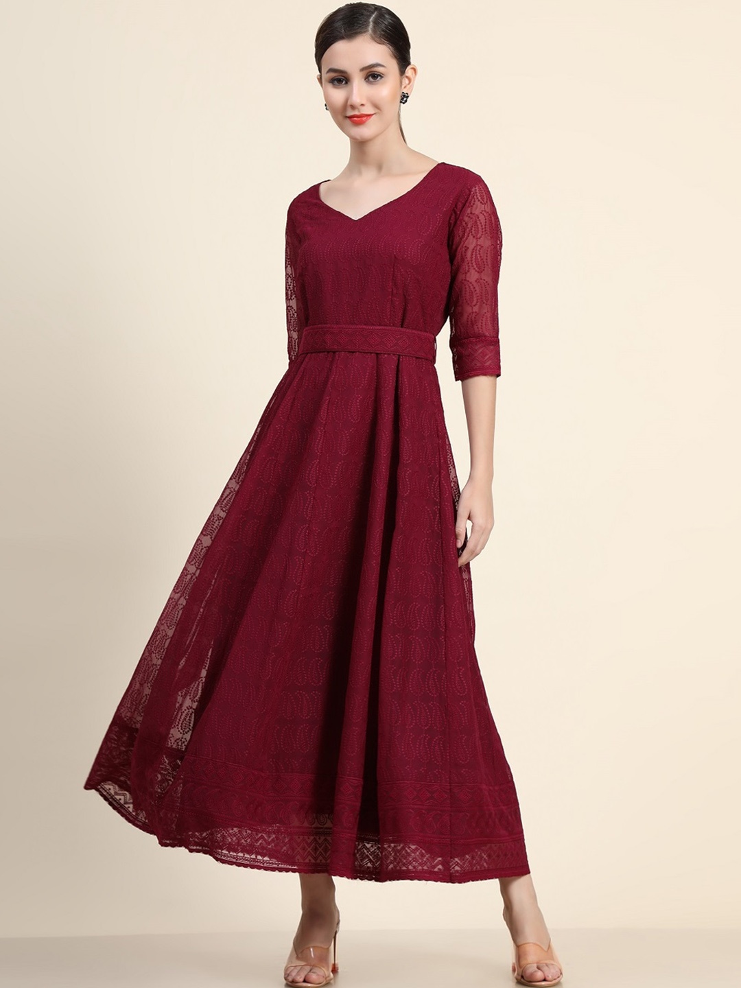

BLACK SCISSOR Ethnic Motifs Embroidered V-Nek Maxi Ethnic Dress, Maroon