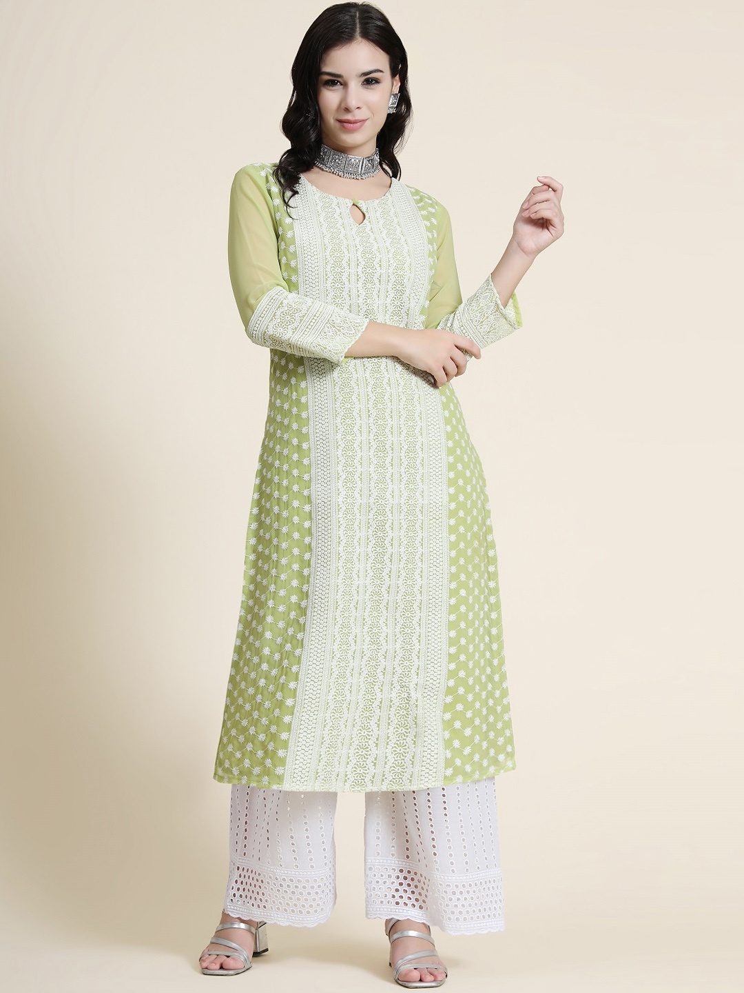 

BLACK SCISSOR Ethnic Motifs Embroidered Keyhole Neck Earthy Straight Georgette Kurta, Green