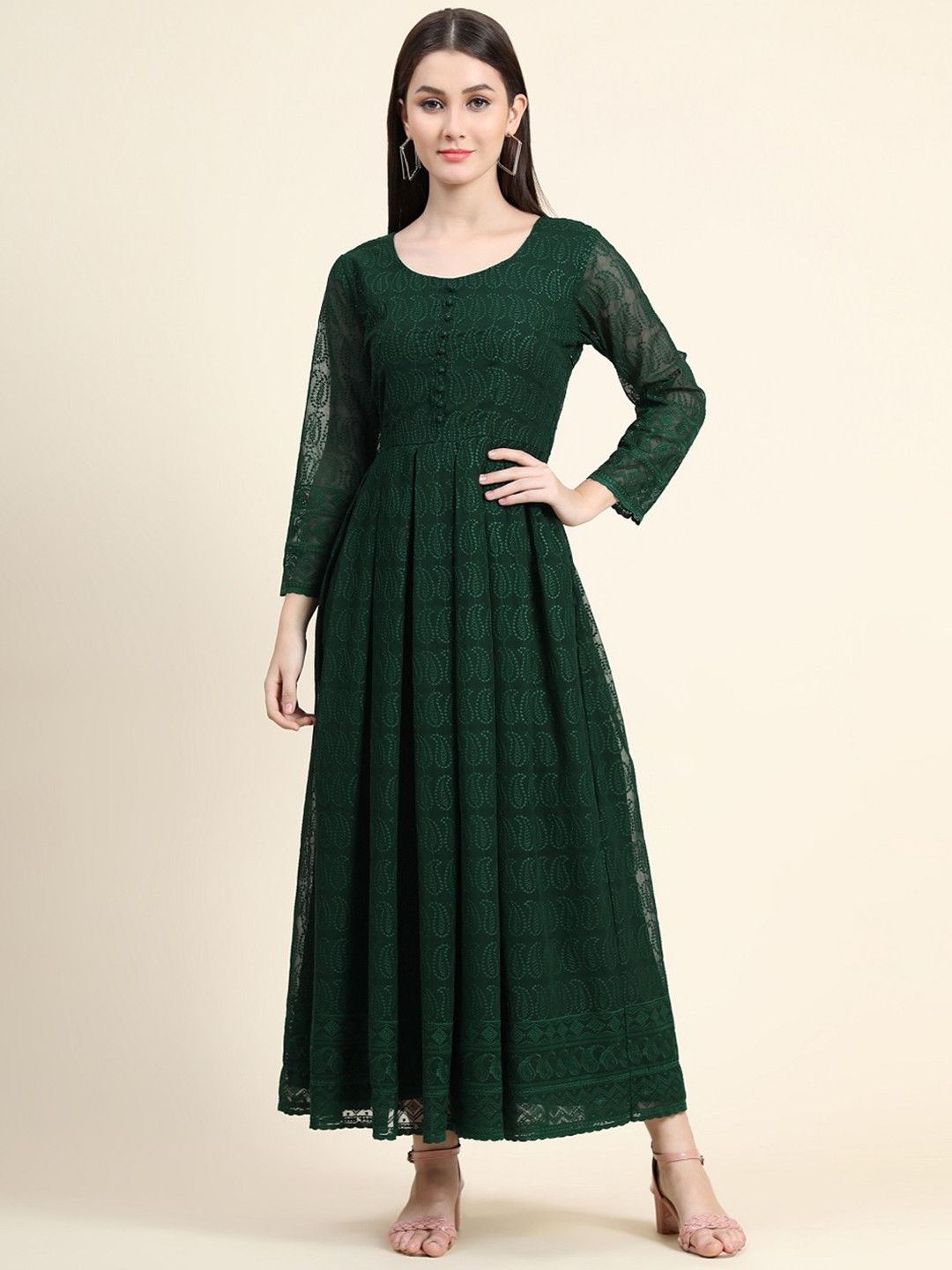 

BLACK SCISSOR Ethnic Motifs Embroidered Fit & Flare Maxi Ethnic Dress, Green