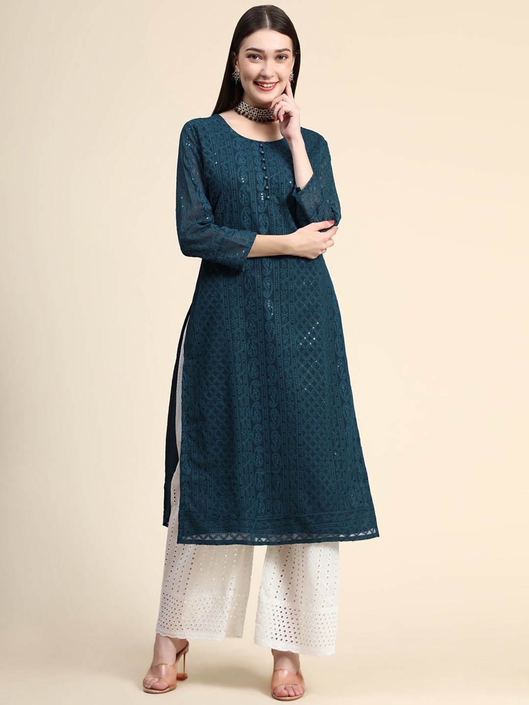 

BLACK SCISSOR Ethnic Motifs Embroidered Sequinned Georgette Straight Kurta, Teal
