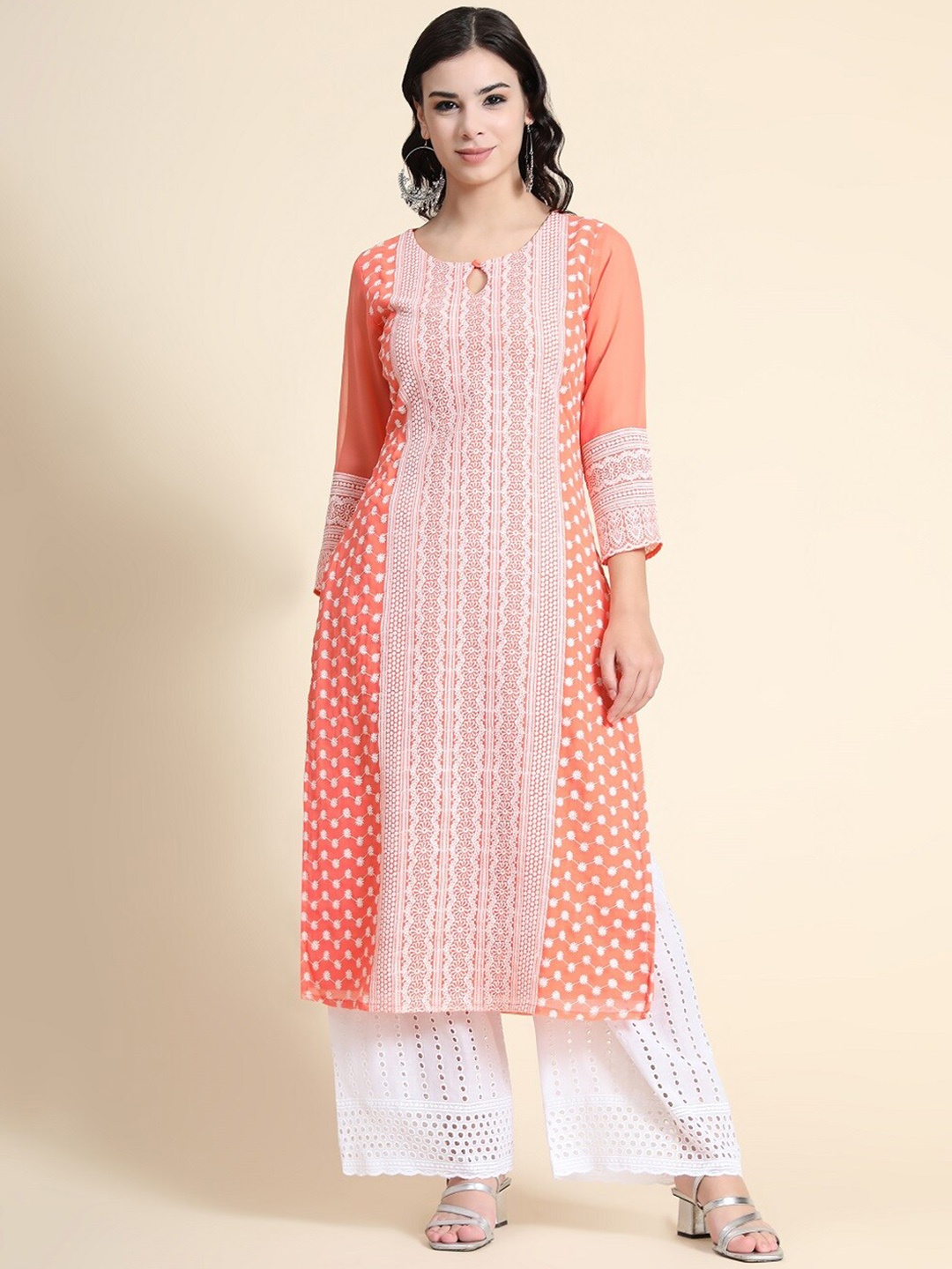 

BLACK SCISSOR Ethnic Motifs Embroidered Keyhole Neck Pastel Straight Georgette Kurta, Peach