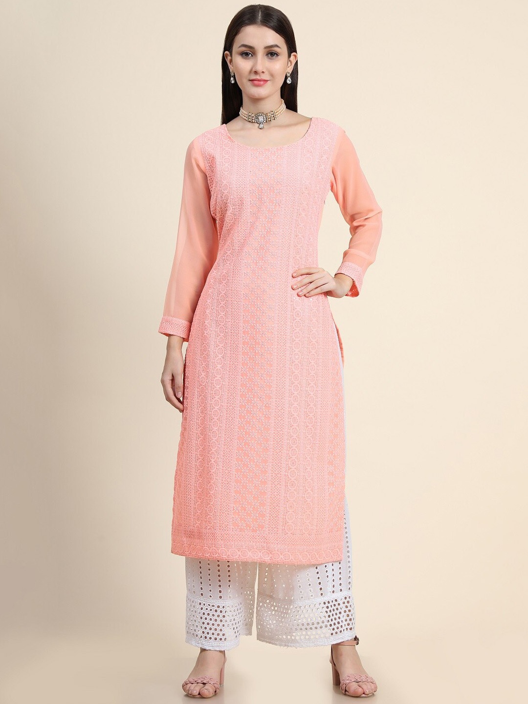 

BLACK SCISSOR Embroidered Chikankari Round Neck Straight Kurta, Peach