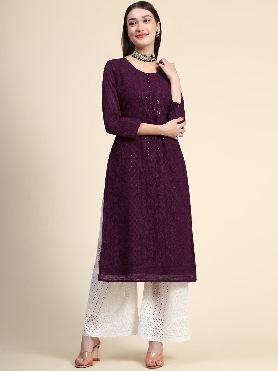 

BLACK SCISSOR Embroidered Chikankari Round Neck Straight Sequins Kurta, Burgundy