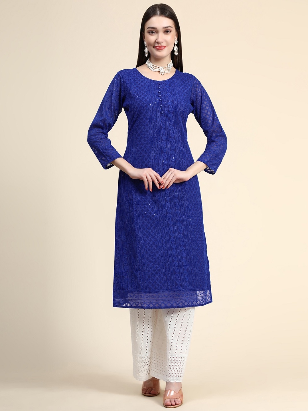 

BLACK SCISSOR Ethnic Motifs Embroidered Sequinned Georgette Straight Kurta, Blue