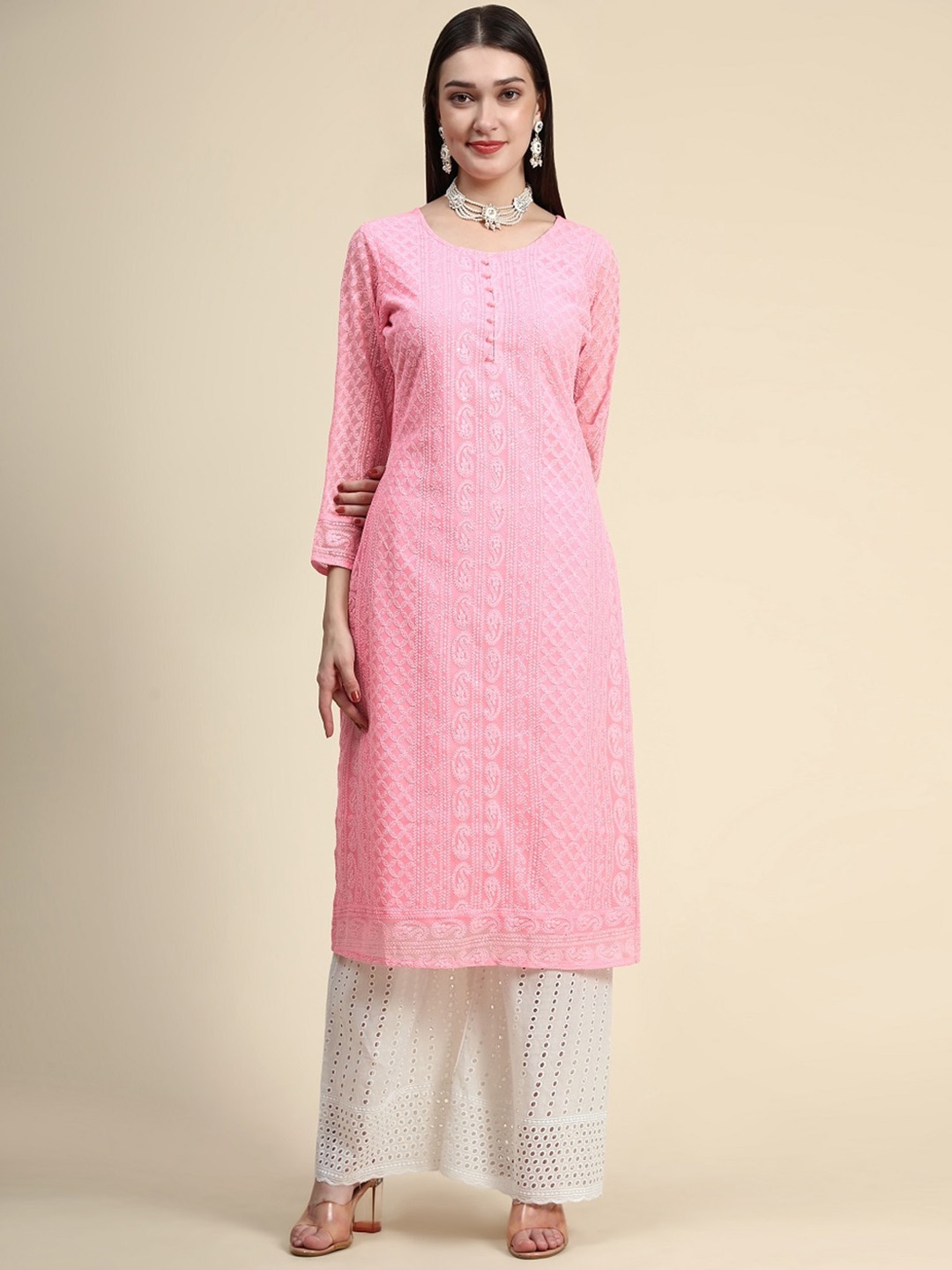 

BLACK SCISSOR Paisley Embroidered Chikankari Pastel Georgette Straight Kurta, Pink