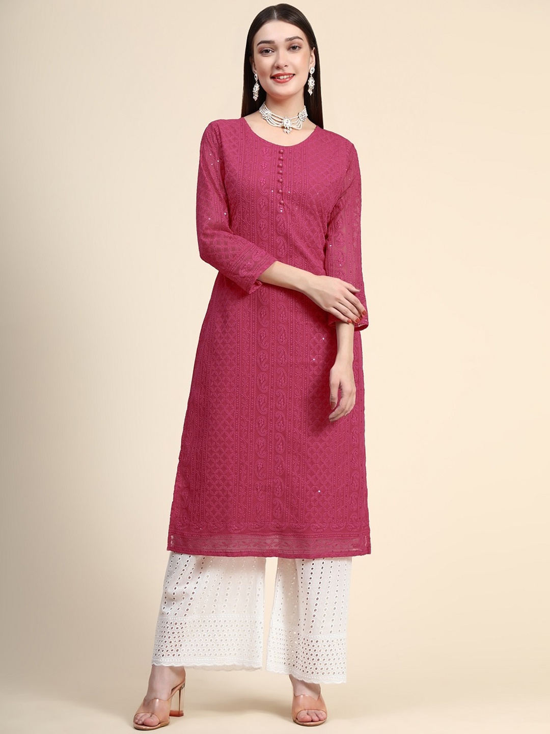 

BLACK SCISSOR Ethnic Motifs Embroidered Chikankari Kurta, Pink