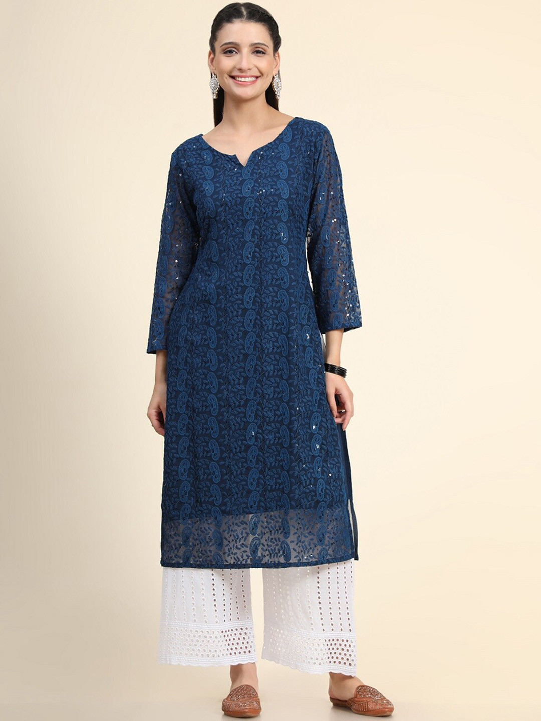 

BLACK SCISSOR Chikankari Embroidered Sequinned Straight Kurta, Teal