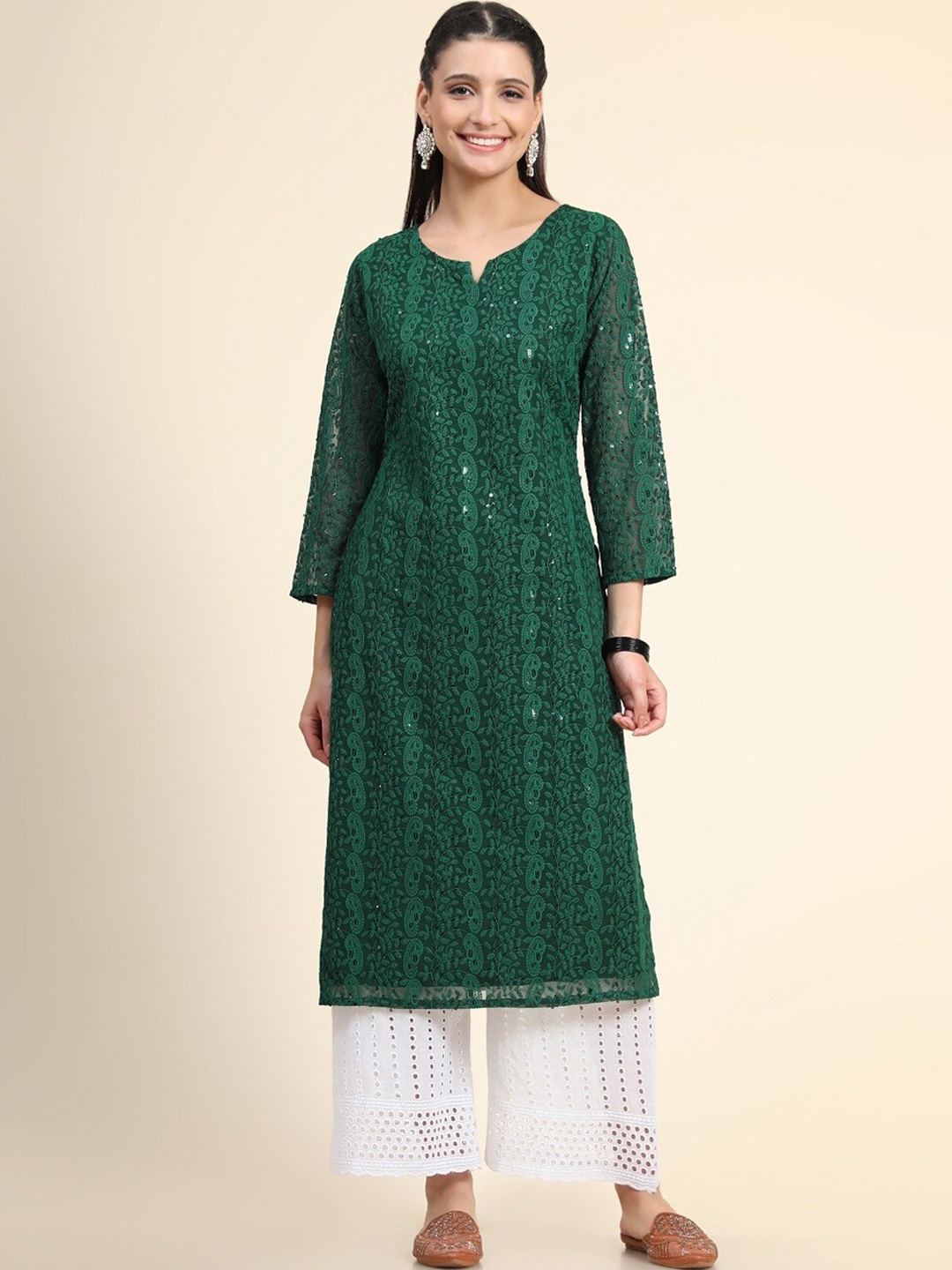 

BLACK SCISSOR Chikankari Embroidered Sequinned Straight Kurta, Green