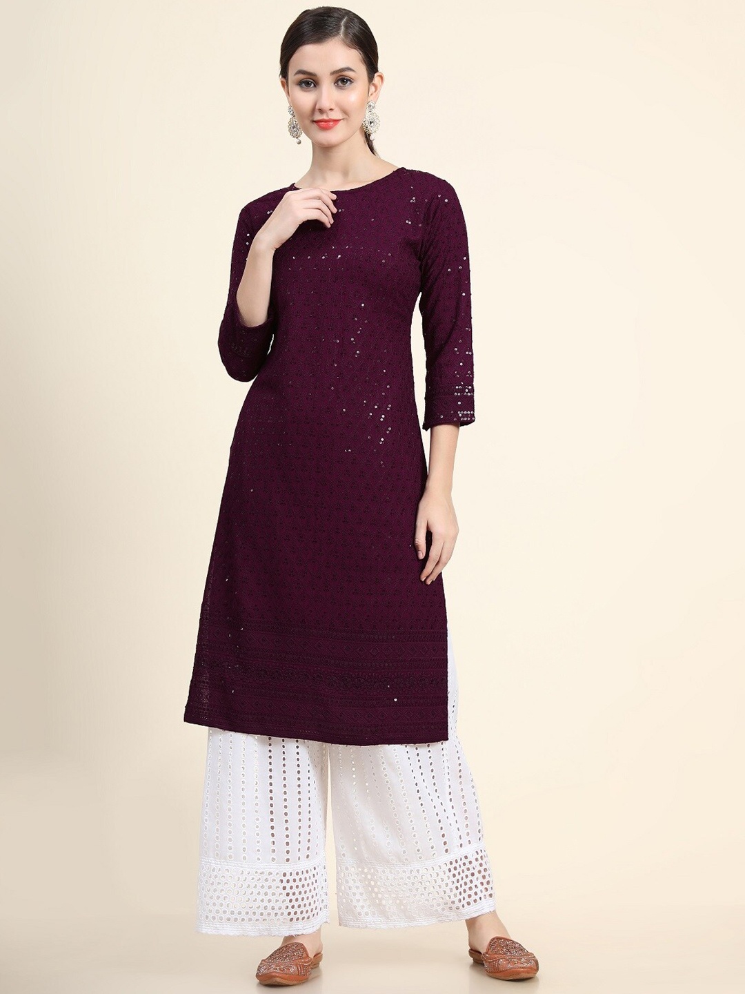 

BLACK SCISSOR Embroidered Chikankari Round Neck Straight Sequins Kurta, Burgundy