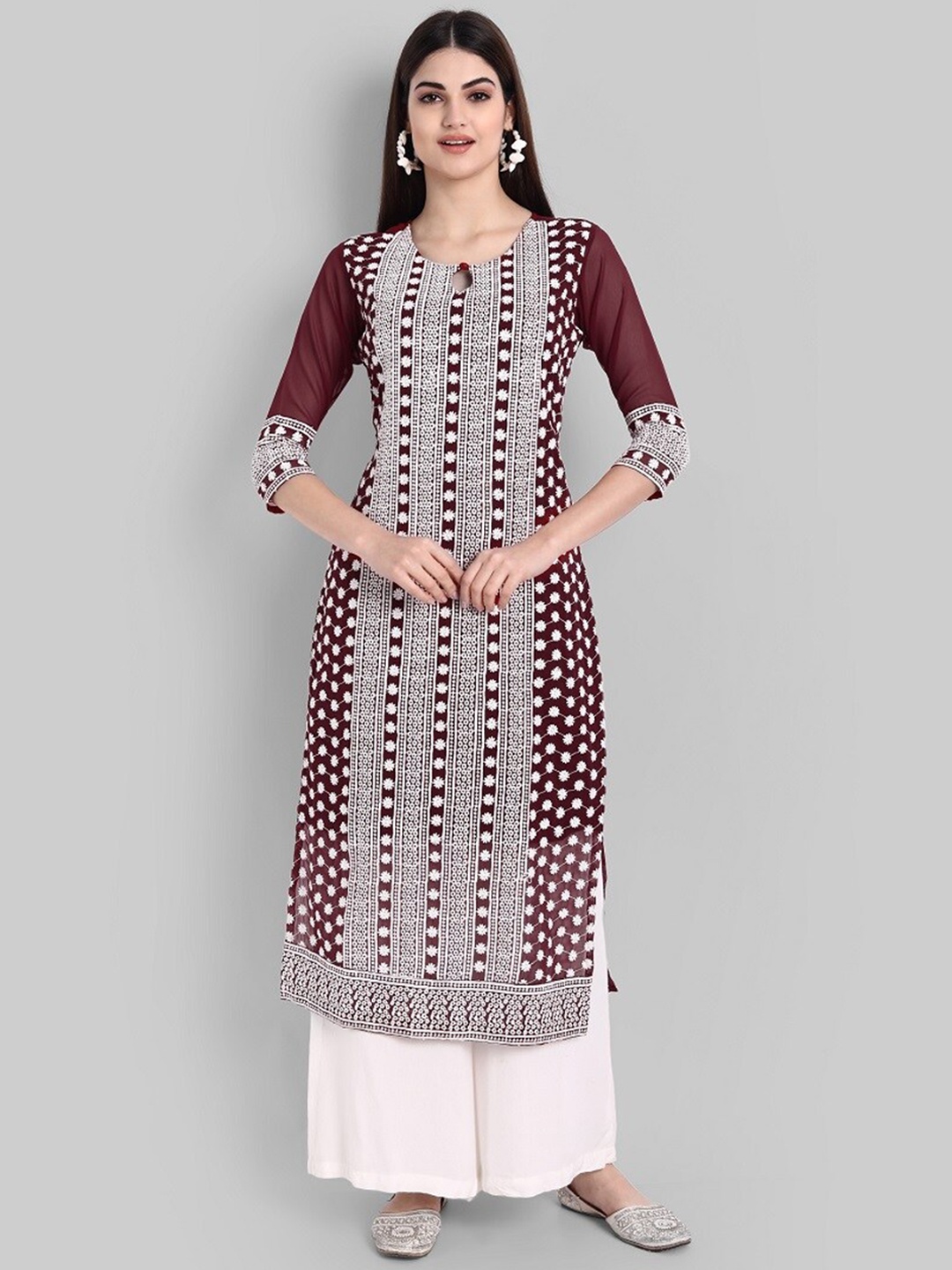 

BLACK SCISSOR Ethnic Motifs Embroidered Straight Georgette Kurta, Burgundy