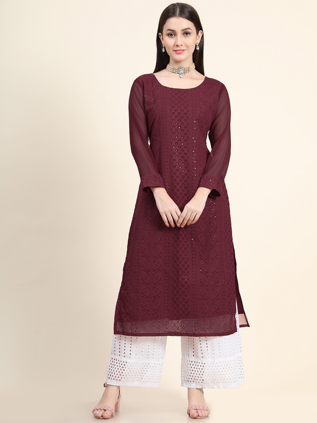 

BLACK SCISSOR Ethnic Motifs Embroidered Chikankari Kurta, Maroon