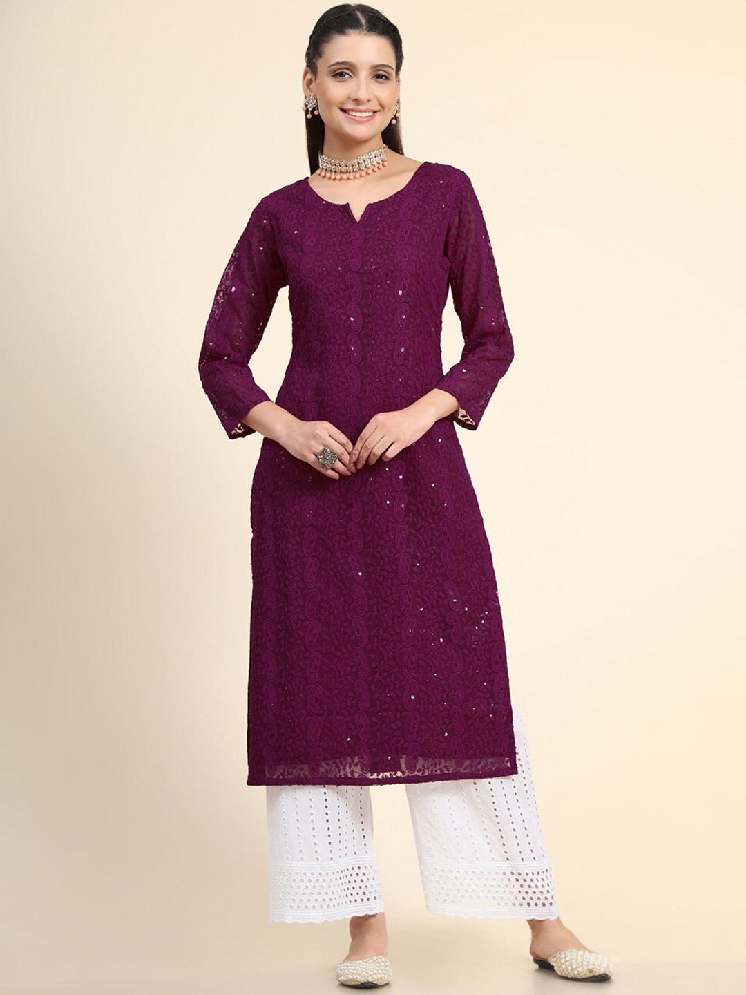 

BLACK SCISSOR Chikankari Embroidered Sequinned Straight Kurta, Burgundy