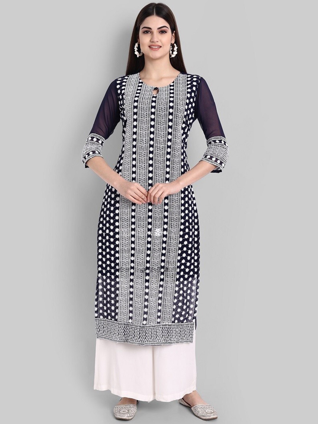

BLACK SCISSOR Ethnic Motifs Embroidered Keyhole Neck Kurta, Navy blue