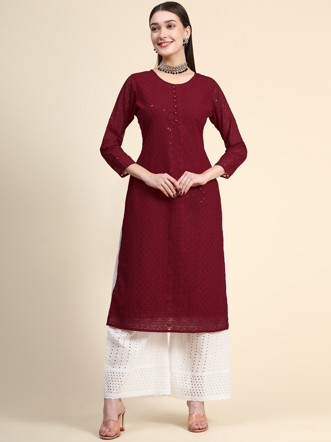

BLACK SCISSOR Chikankari Embroidered Sequinned Straight Kurta, Maroon