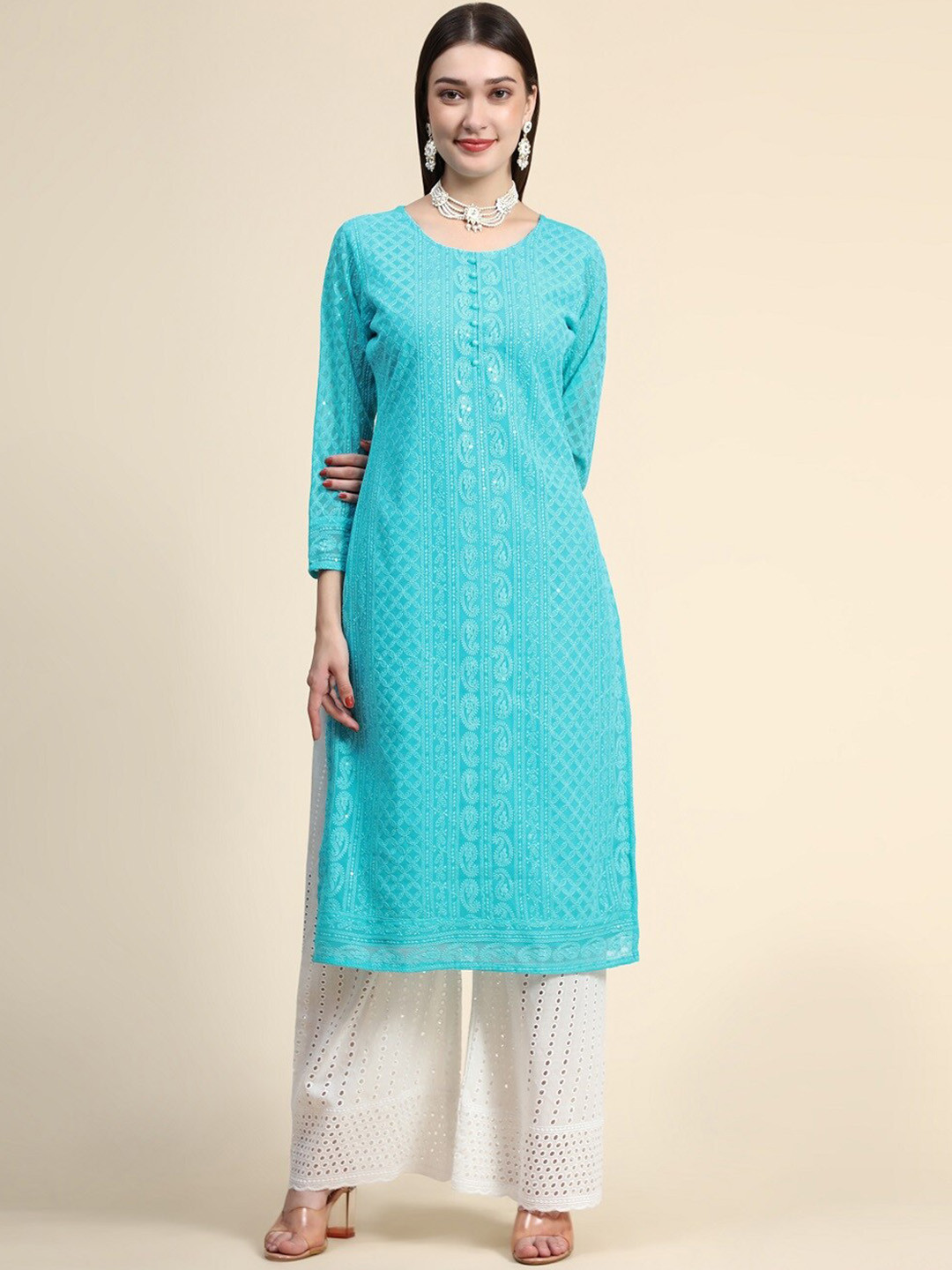 

BLACK SCISSOR Ethnic Motifs Embroidered Sequinned Georgette Straight Kurta, Blue