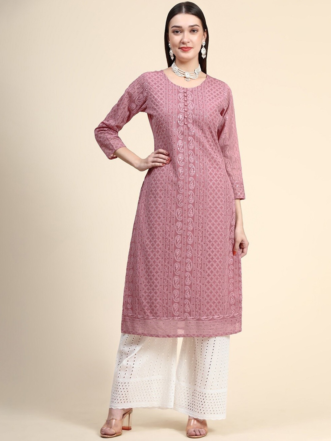 

BLACK SCISSOR Paisley Embroidered Chikankari Georgette Straight Kurta, Pink