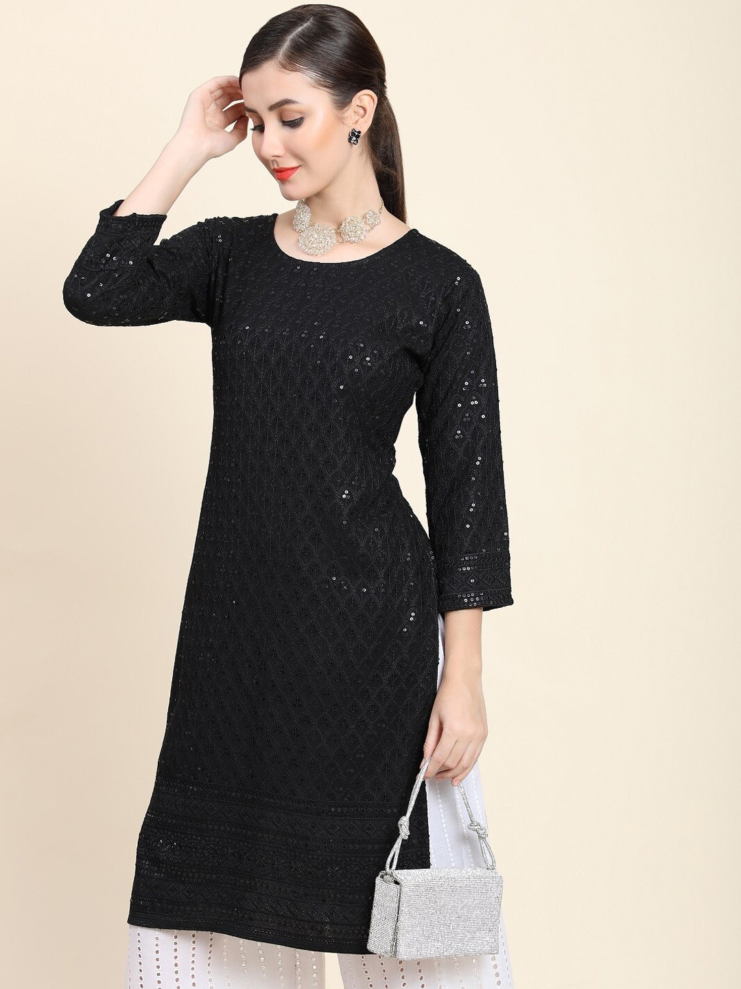 

BLACK SCISSOR Embroidered Chikankari Round Neck Straight Sequins Kurta