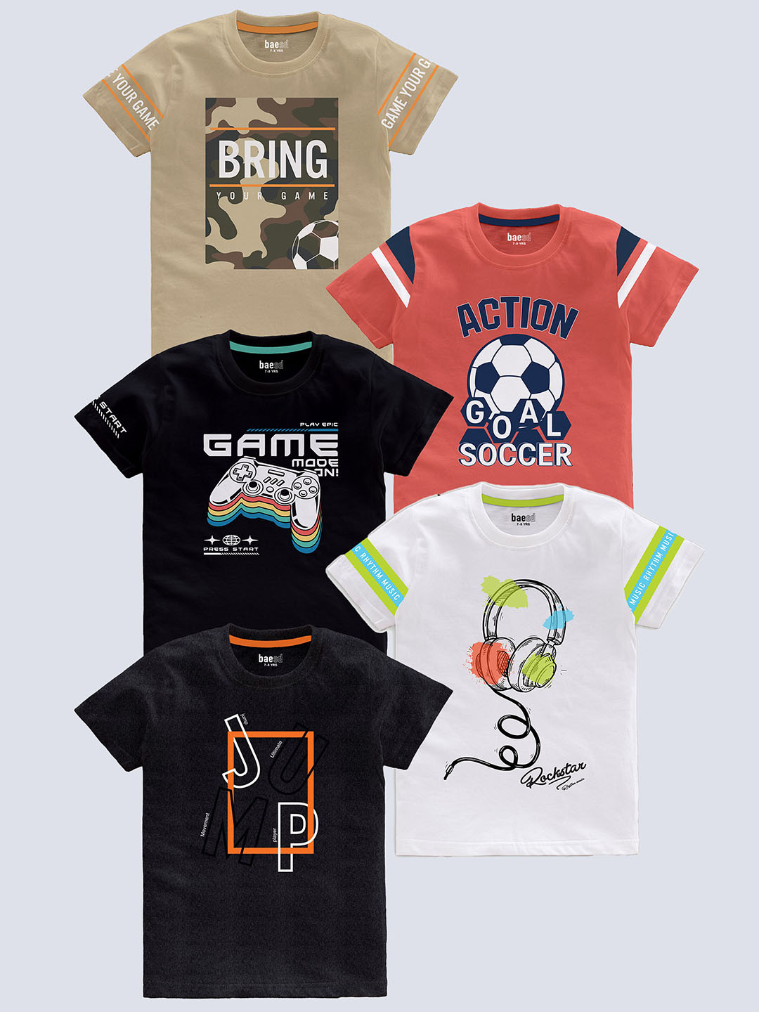 

BAESD Boys Pack Of 5 Typography Printed Pure Cotton T-shirt, Beige