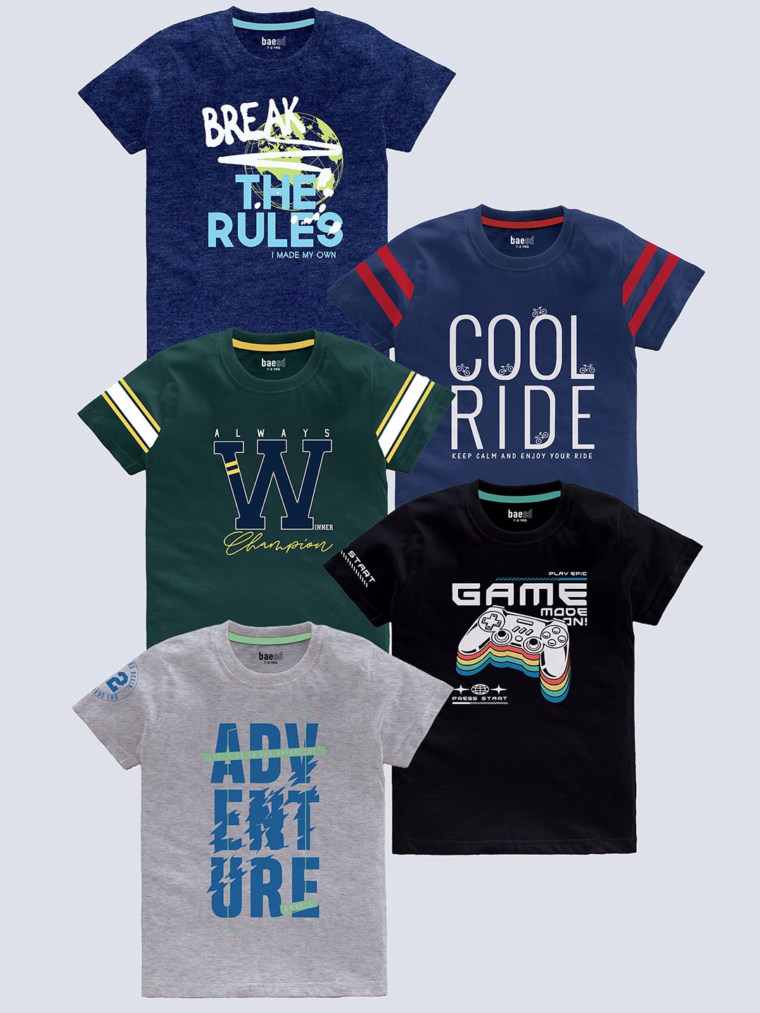 

BAESD Boys Pack Of 5 Typography Printed Pure Cotton T-shirt, Green