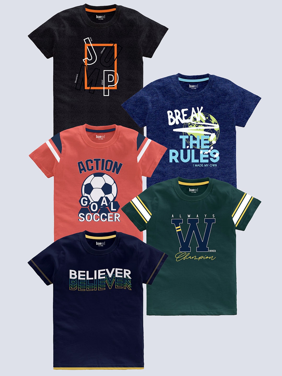 

BAESD Boys Pack Of 5 Typography Printed Pure Cotton T-shirt, Black