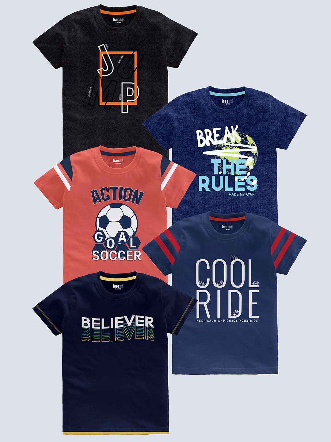 

BAESD Boys Pack Of 5 Typography Printed Pure Cotton T-shirt, Black