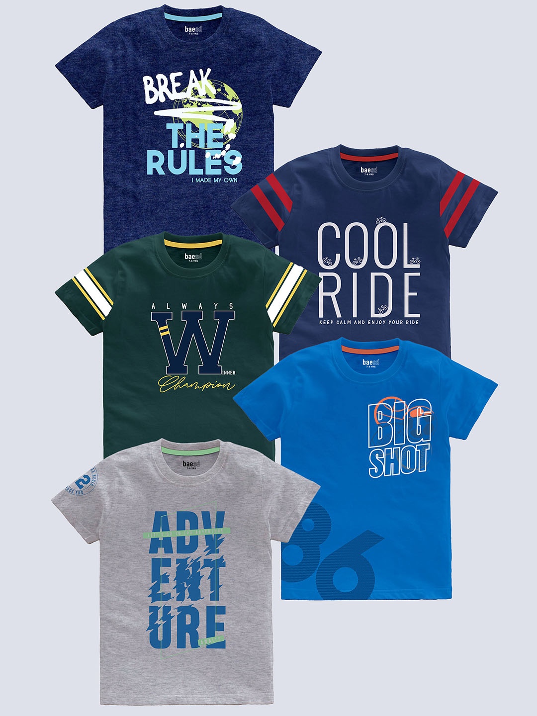 

BAESD Boys Pack Of 5 Printed Cotton Regular T-shirts, Navy blue