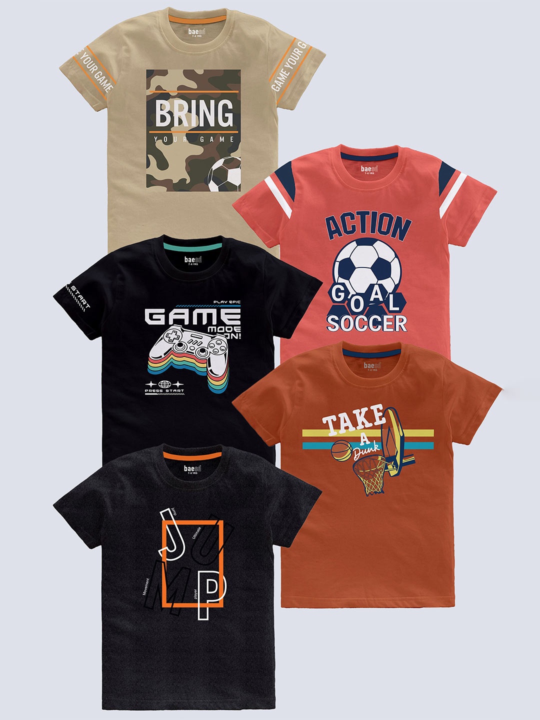 

BAESD Boys Pack Of 5 Typography Printed Pure Cotton T-shirt, Beige