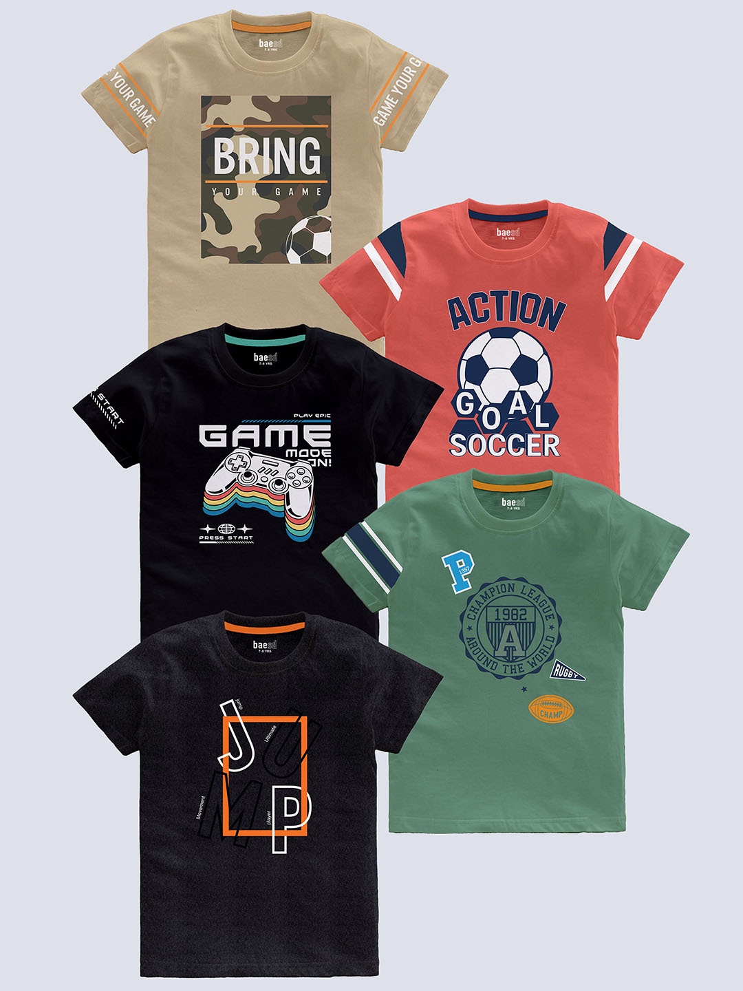 

BAESD Boys Pack Of 5 Printed Cotton Regular T-shirts, Coral