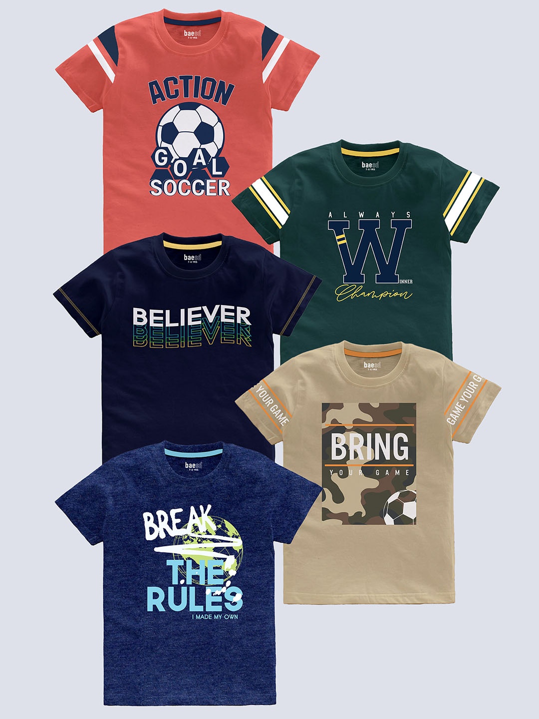 

BAESD Boys Pack Of 5 Printed Cotton T-shirt, Coral