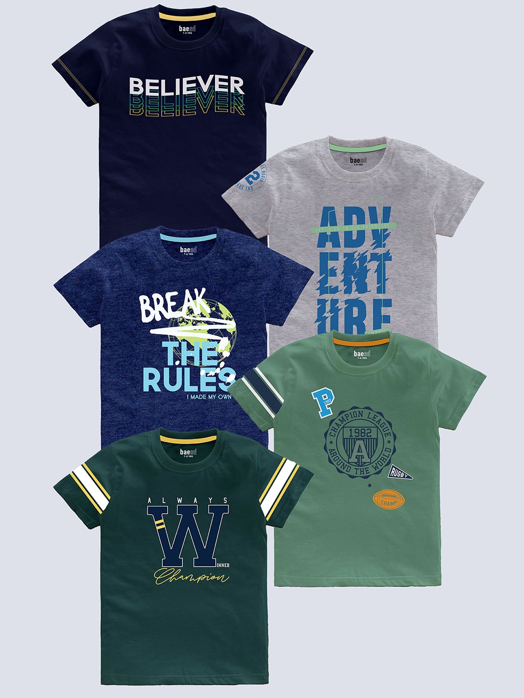

BAESD Boys Pack Of 5 Typography Printed Pure Cotton T-shirt, Navy blue