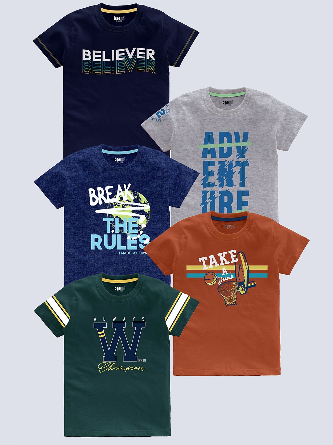 

BAESD Boys Pack Of 5 Typography Printed Pure Cotton T-shirt, Navy blue