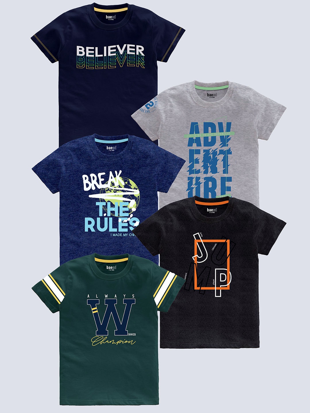 

BAESD Kids Pack Of 5 Typography Printed Cotton T-shirt, Navy blue