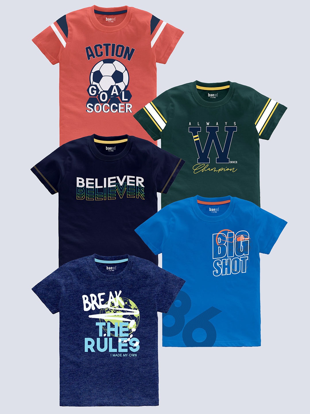 

BAESD Boys Pack Of 5 Typography Printed Pure Cotton T-shirt, Coral