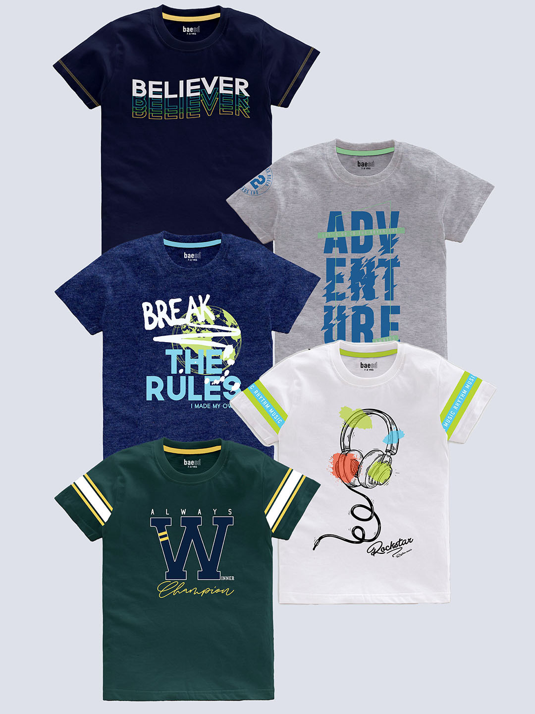 

BAESD Boys Pack Of 5 Typography Printed Pure Cotton T-shirt, Blue