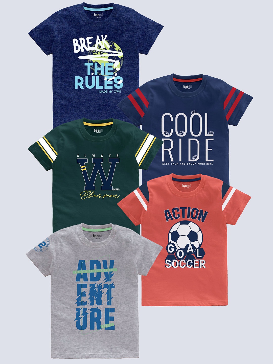 

BAESD Boys Pack Of 5 Typography Printed Pure Cotton T-shirt, Green