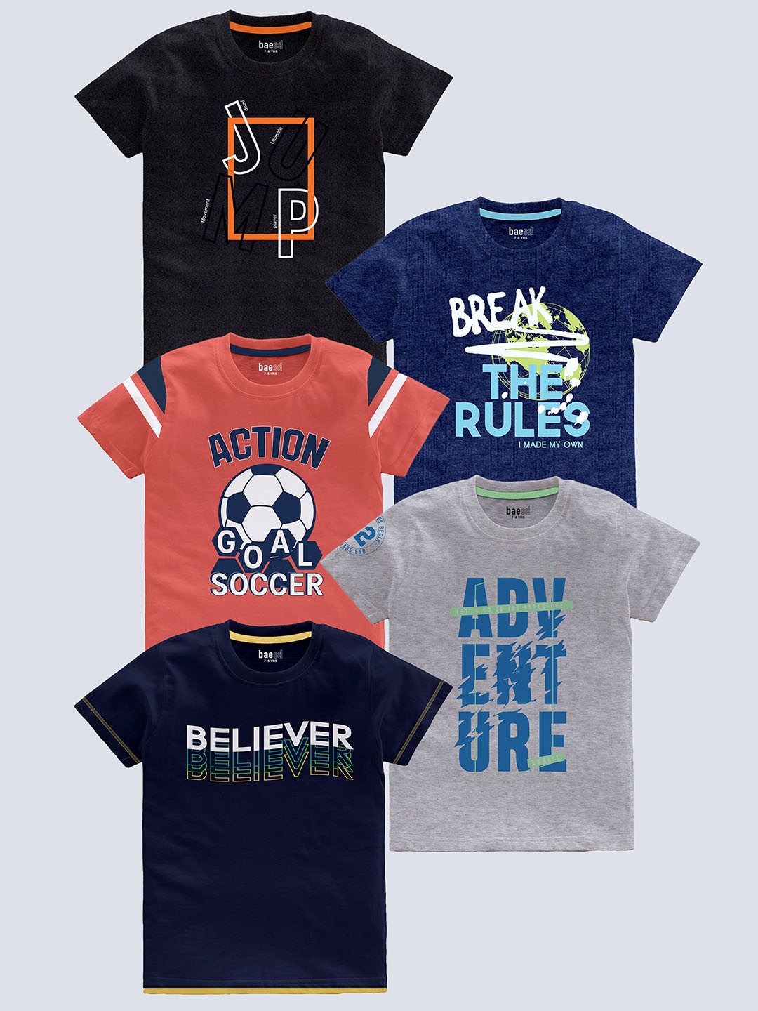 

BAESD Boys Pack Of 5 Typography Printed Pure Cotton T-shirt, Navy blue