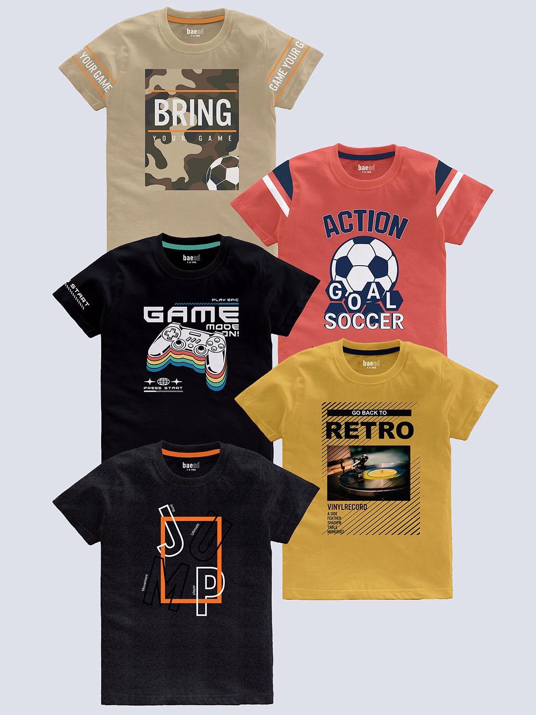 

BAESD Boys Pack Of 5 Printed Cotton Regular T-shirts, Beige