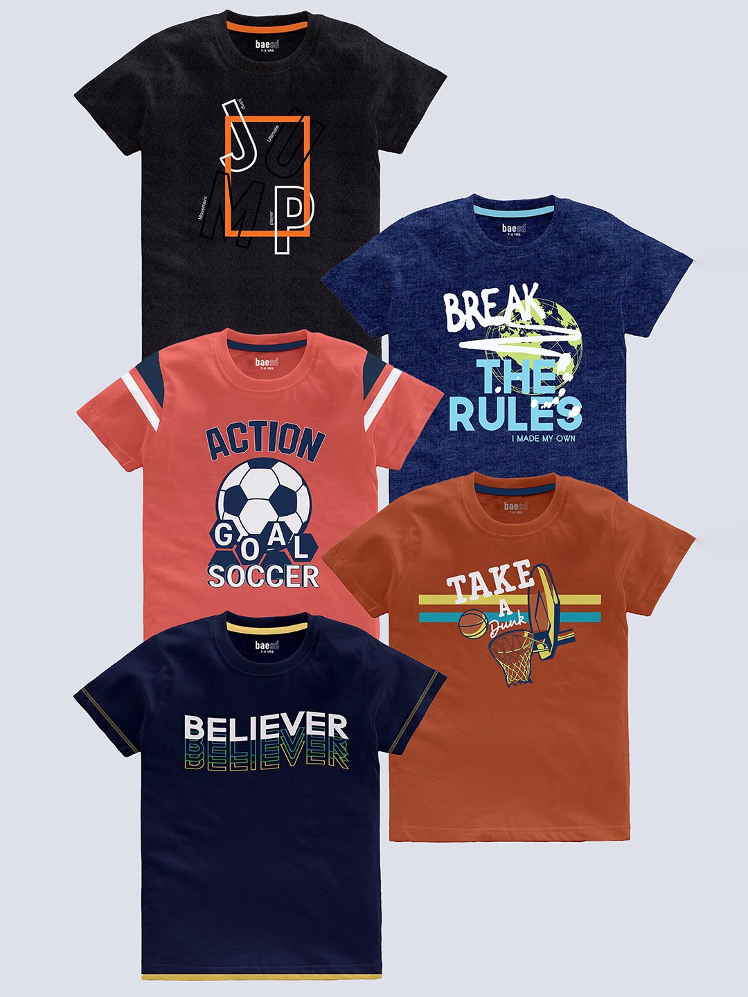 

BAESD Boys Pack Of 5 Printed Cotton Regular T-shirts, Black