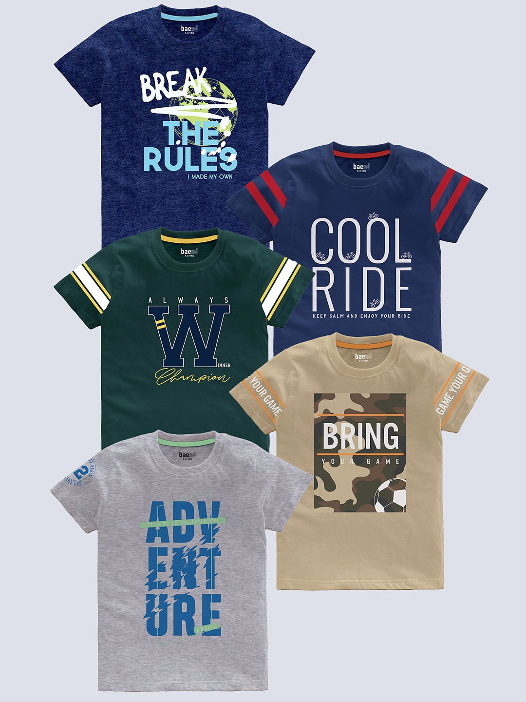

BAESD Boys Pack Of 5 Printed Cotton Regular T-shirts, Navy blue