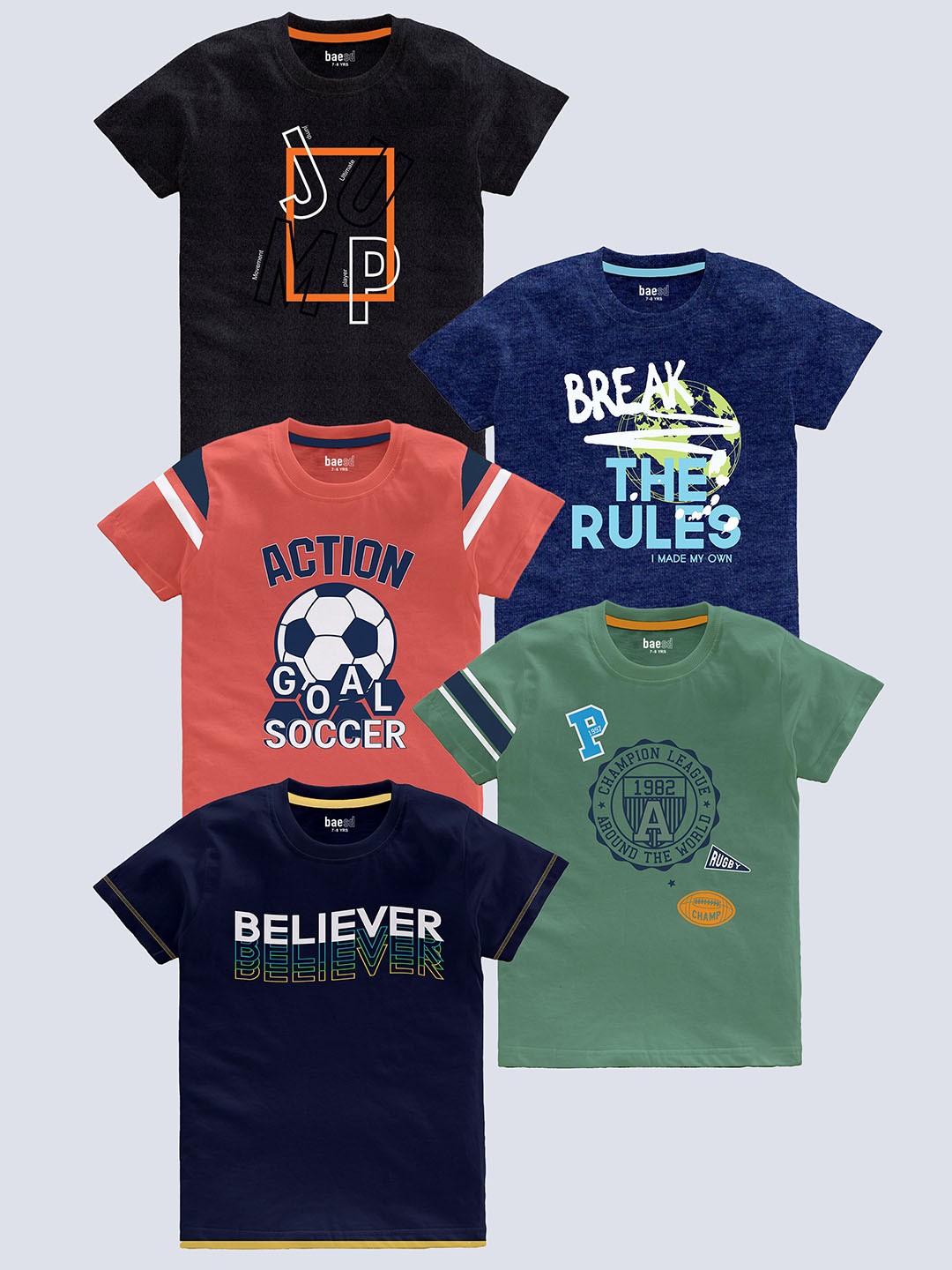 

BAESD Boys Pack Of 5 Typography Printed Pure Cotton T-shirt, Black