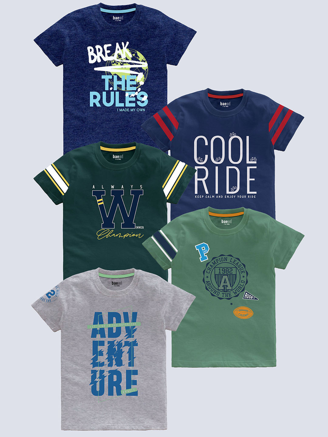 

BAESD Boys Pack Of 5 Printed Cotton Regular T-shirts, Navy blue