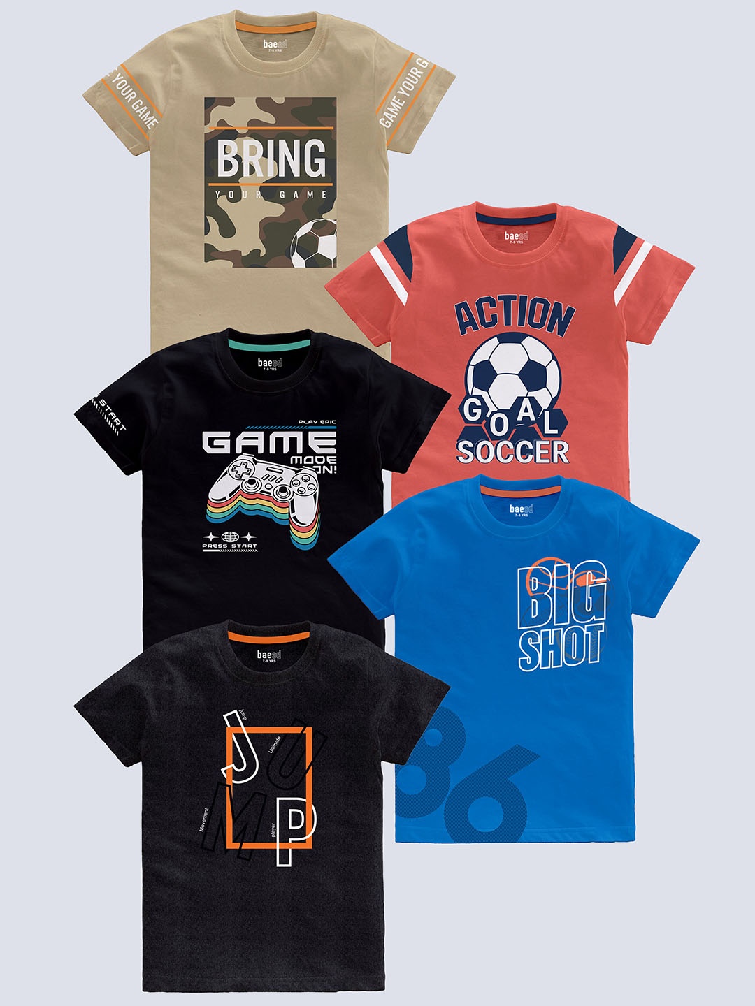 

BAESD Kids Pack Of 5 Typography Printed Cotton T-shirt, Beige