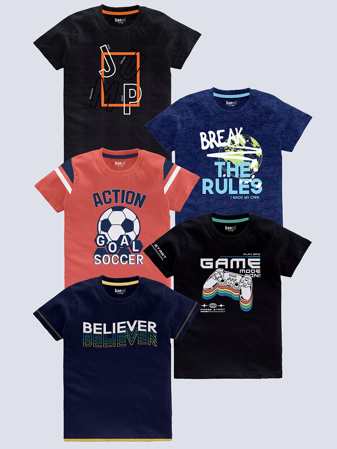 

BAESD Boys Pack Of 5 Typography Printed Pure Cotton T-shirts, Black