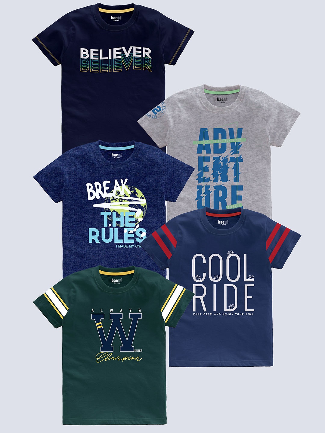 

BAESD Kids Pack Of 5 Typography Printed Cotton T-shirt, Navy blue